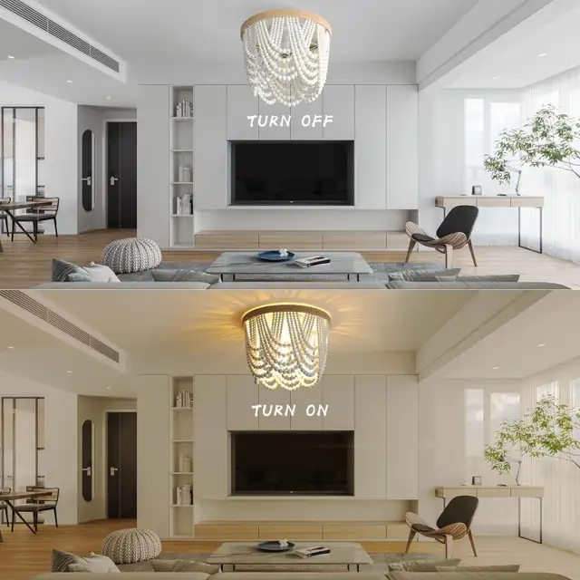 White Boho 3-Light Bead Chandelier - Wood Beaded Ceiling Fixture in Indoor Lighting & Fans in Mississauga / Peel Region - Image 9