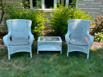 Resin wicker chairs and table, View more