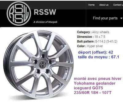 Mag alliage RSSW de 18 pouces en très bon état, diametre 18-7.5, les trous de boulons 5-114.3 moyeu...
