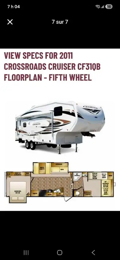 Je vends ma caravane à sellette Crossroads Cruiser CF31QB 2011, une option idéale pour les aventures...