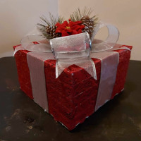 Red Box With Silver Ribbon, Pine Cones & Flowers - $25.00