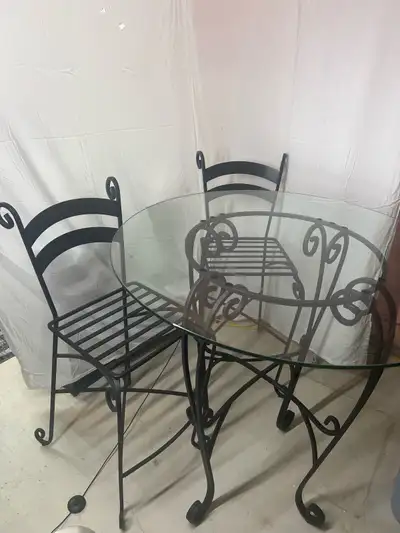 Bar-Height Round Glass Pub Table with 4 Wrought Iron Bar Stools, View more