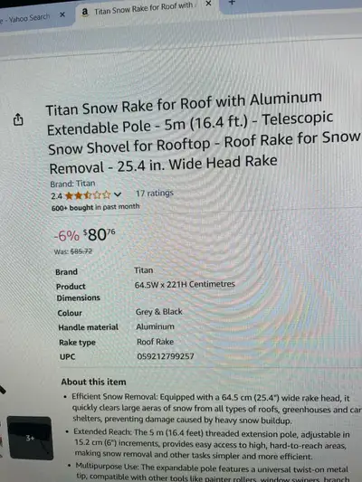 Titan Snow Rake for Roof. Extendable Pole 5m(16.4ft)