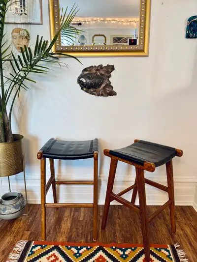 Beautiful Solid Teak & Leather Stools , View more