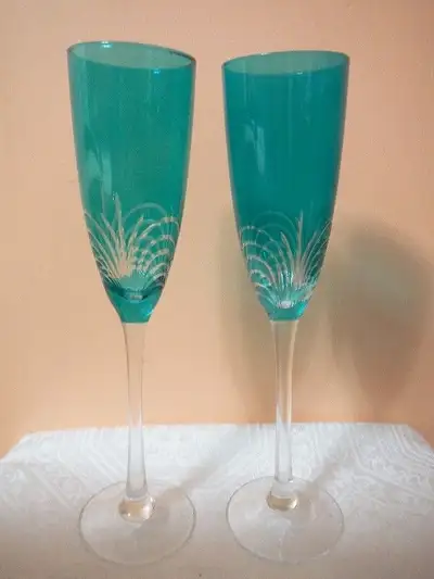 2 Aquamarine Champagne Glasses Champagne Flutes Hand cut Crystal, View more