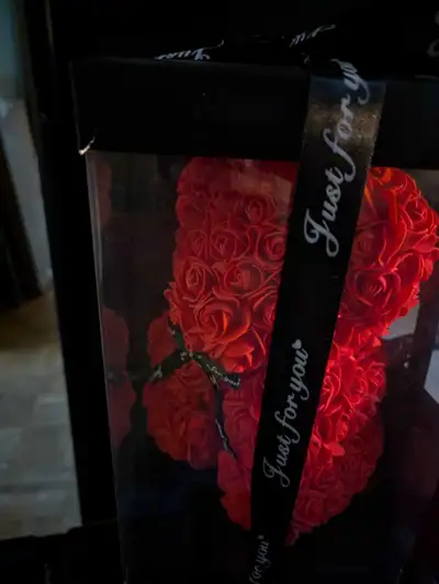 This beautiful red rose teddy bear, still brand new in its display box, makes a thoughtful and lasti...