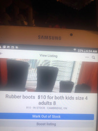 rubber boots $10 for both kids size 4 adults size 8