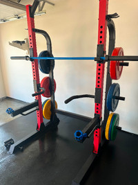 Marcy Squat Rack with bench, olympic bar, weights and floor mats