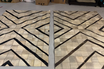Pair of Cowhide Patchwork Area Rugs – Geometric Chevron Design, View more