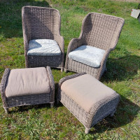 Outdoor patio wicker armchair and footrest