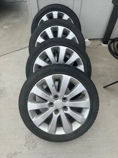 225-45R 17" summer tires. 75-80% tread left Rims off 2016 Buick Verano. Bolt pattern 5 x 115 mm. Wil...