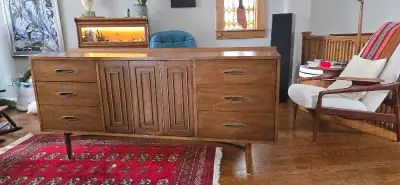 MCM Broyhill Sculptra Walnut 9-Drawer Dresser & Mirror, View more