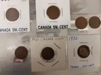 Lot of 7 Canada One Cent Coins 1921 1930 1932 1933 1934 & 35 &36