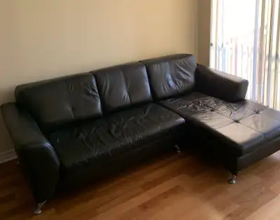 Black Leather Sofa/Couch - L-Shape Sectional - Bought @ Leon's, View more