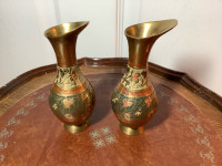 Two Small Vintage Brass Vases w Embossed Coloured Etchings 