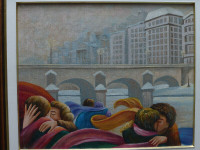 G. Loft artiste peintre "Embrassade" pont ville rivière hiver ne