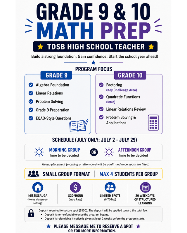Grade 9 and 10 Math Prep Tutor Class477289747548088320