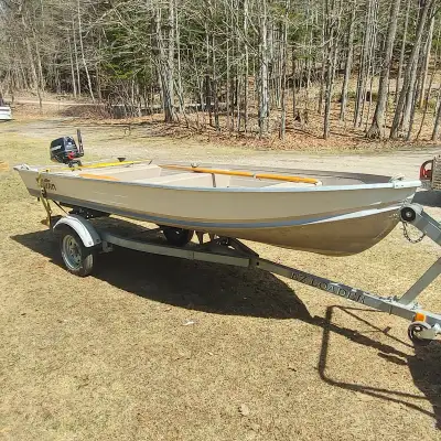 14 ft Sylvan fishing boat with 5 hp mercury motor and ez loader trailer for sale. Boat and trailer h...