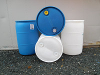 Barrels 55 gallon, floats or garden, blue or white