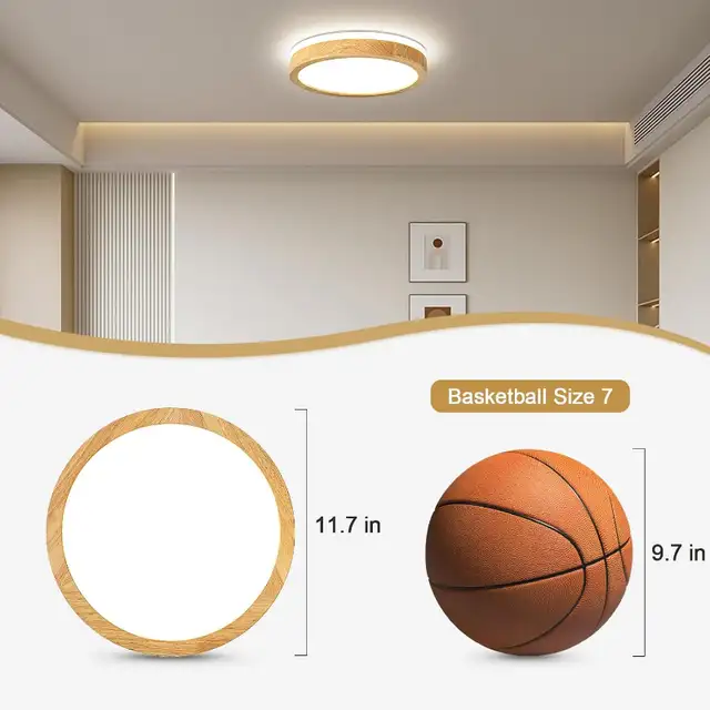 Pevfah Dimmable Wood Flush Mount Ceiling Light, Round LED Fixtur in Indoor Lighting & Fans in Oshawa / Durham Region - Image 4