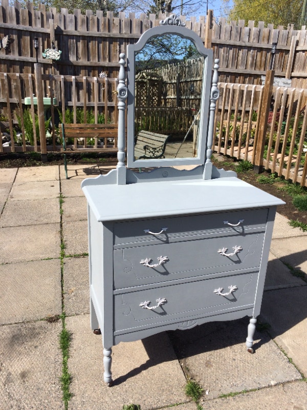 Antique 3 drawer dresser complimented in shark skin grey Dressers