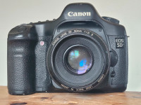 Canon 5D mkI full frame with 50 1.8 lens and flash/speedlight