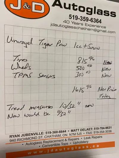 Set of 4 Uniroyal Tiger Paw Ice & Snow, gently used, tires with rims & TPMS sensors. 235/55R17. Trea...