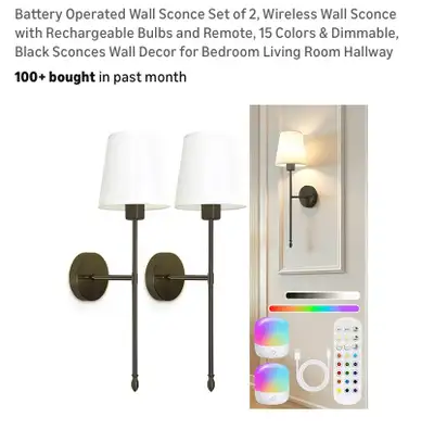 New Battery Operated Wall Sconce Set of 2 Black, View more