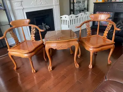 2 wooden carving chairs and 1 side table, View more