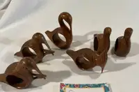 6 carved wood bird napkin ring holders 