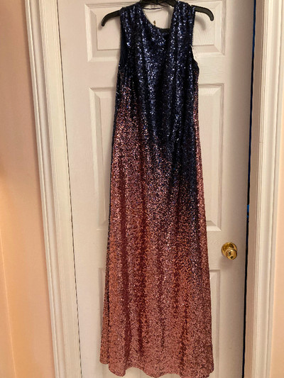 Rose gold and navy sequined formal dress, size 12
