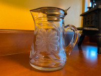Antique Etched Glass Syrup Pitcher With Hinged Lid Pat.