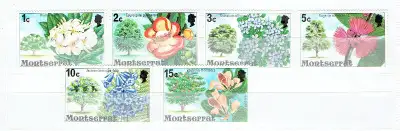 Une série de 6 grands timbres tout neufs de MONTSERRAT (BRITISH VOLONY CARAÏBES), "FLOWERS / FLEURS"...