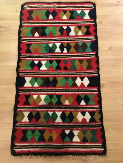 Vintage Hand Woven Wool Kilim Mat / Small Throw Rug. Possibly Hungarian. Bright geometric shapes wit...