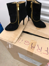 Bebe black suede ankle boots with gold zipper