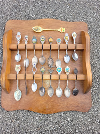 vintage decorative spoons and oak rack