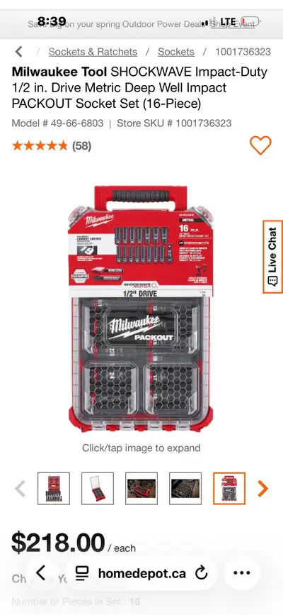 16pc Milwaukee 1/2” Impact socket set Shockwave Packout, View more