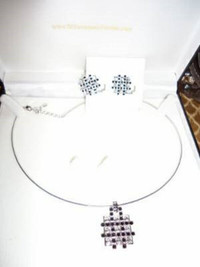 Black Onyx & Crystal Pendant Silver Choker & Clip Earrings Set