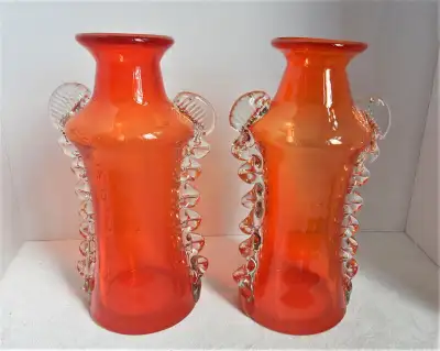 Art glass  pillar vases w applied fins - Orillia, View more