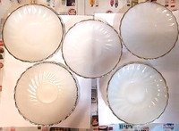 5 ANCHOR HOCKING OVEN PROOF OPAL GLASS SAUCERS, GOLD RIM, USA