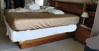 Heavy Wood Queen-Size Bed, Bedside Table, Dresser w/Mirror
