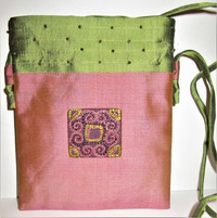 NEW, SMALL EMBROIDERED DUPIONI SILK POUCH WITH LONG STRAP