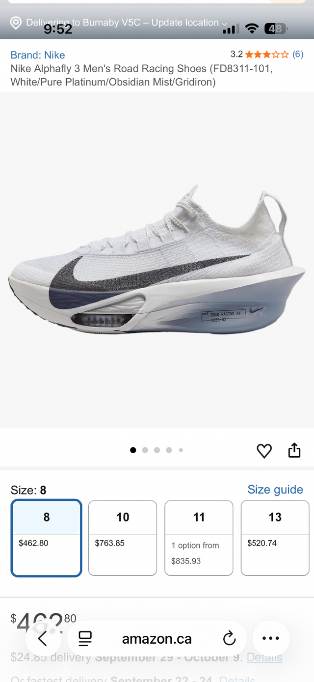 Nike Alphafly 3 Sz 7.5us White/Pure Platinum/Obsidian Mist/Gridi