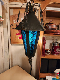 Hand Made Wrought Iron Hanging Pendant Light with Blue Glass