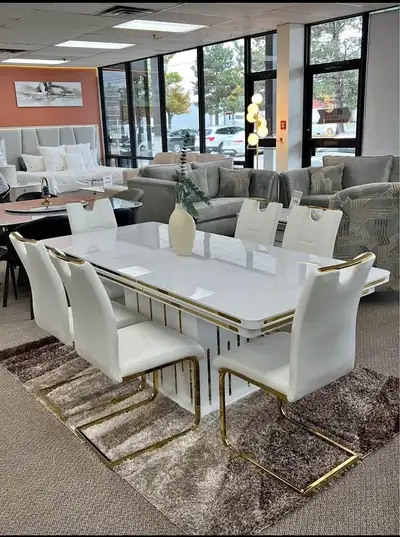Modern White Gloss Dining Table with Gold Accents, View more