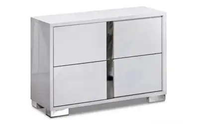 White Bedside Table with Chrome Legs; Table de chevet blanche, View more