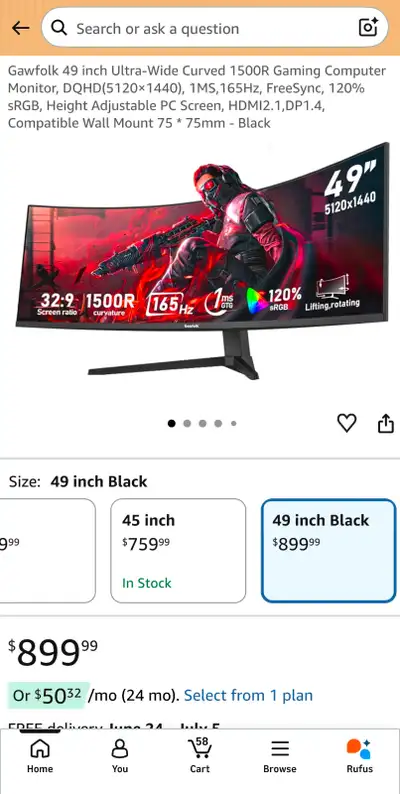 49" Ultra-Wide 1500R Gaming Monitor DQHD 1ms 165Hz FreeSync 120%, View more