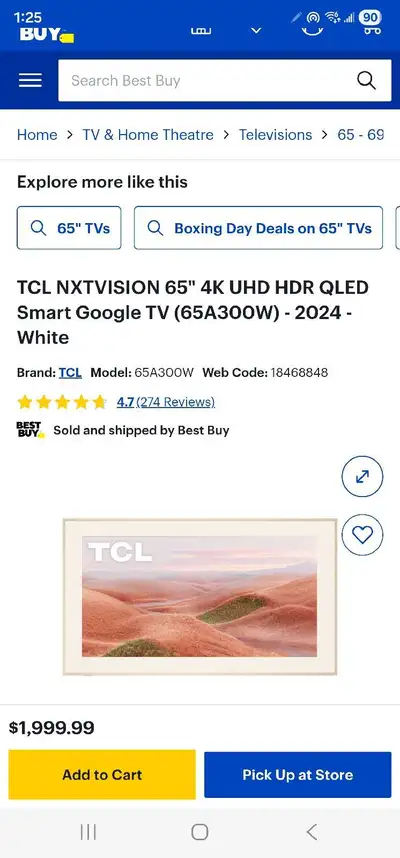 TCL NXTVISION 65" 4K UHD HDR QLED Smart Google TV (A300W) -2024, View more