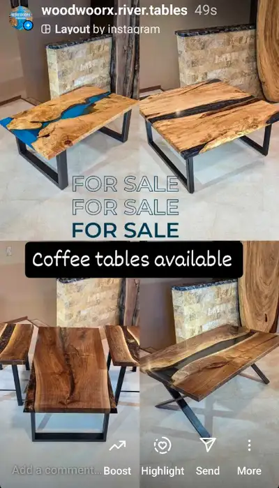 Epoxy River Coffee Tables, These four are available. Instagram page @woodwoorx river tables Live Edg...