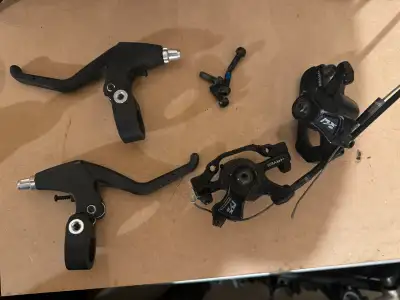 Hayes MX Disk Brake Calipers with mounting hardware, cables and Brake handles.